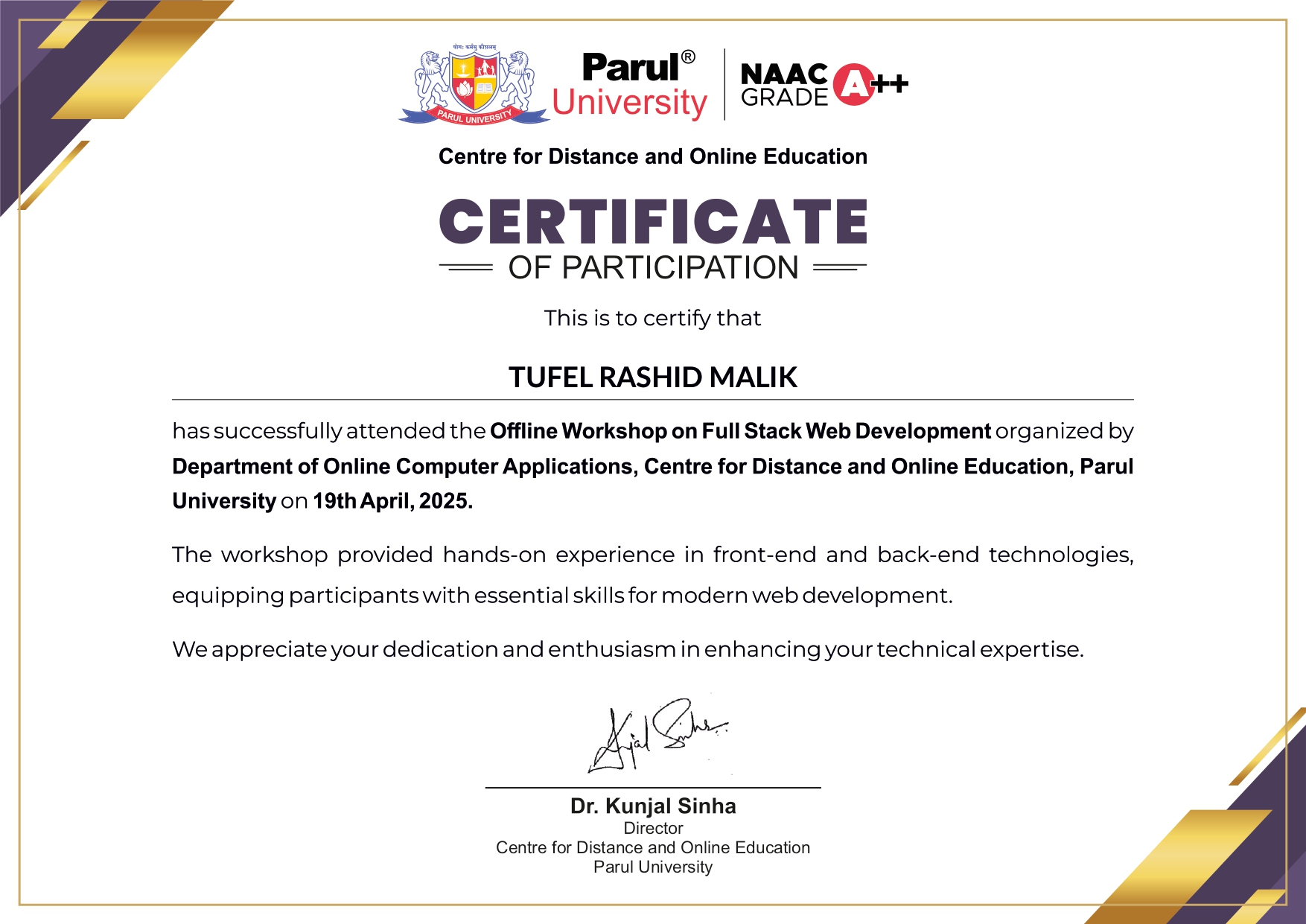 Web Development Workshop Certificate
